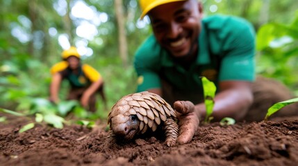 Two enthusiastic conservationists are seen interacting with a young pangolin in a vibrant green forest