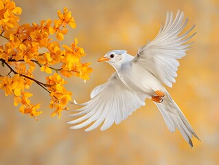 Fototapeta premium Majestic white bird in flight among autumn leaves nature scene outdoor beauty dynamic perspective