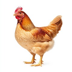 Fototapeta premium A vibrant brown chicken standing proudly on a white background, showcasing its colorful plumage and curious stance.