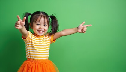 Happy little girl points both hands towards right side. Smiling child in striped yellow shirt, orange skirt against green background. Active kid cheerful face, fun school time, copy space available.
