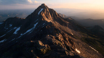 A rocky mountain peak bathed in golden afternoon light, casting long shadows over the valleys below.