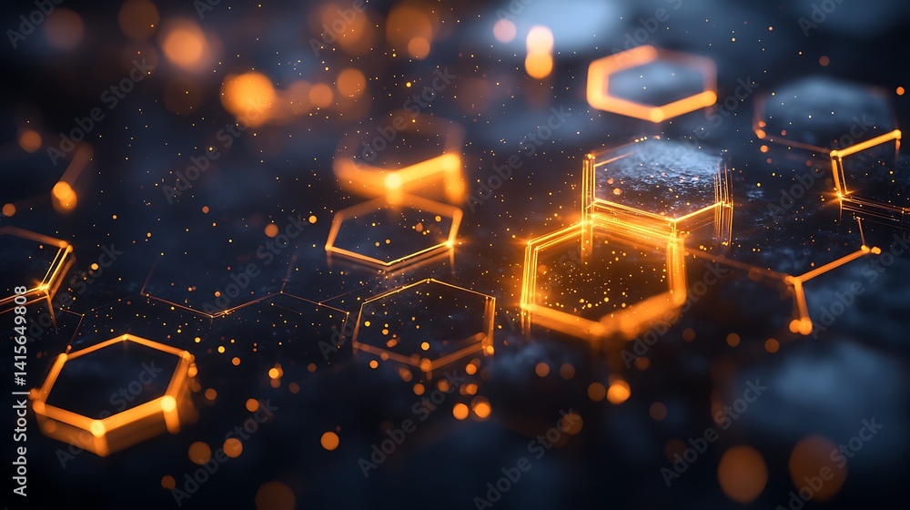 Poster abstract glowing hexagonal shapes with sparks, abstract glowing hexagonal shapes with orange sparks 
