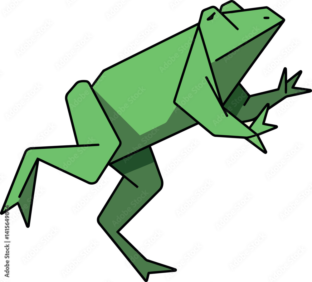 Poster green geometric frog in mid-jump with angular shapes minimal flat design vector illustration