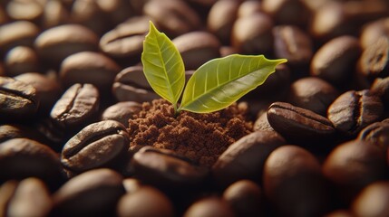 Obraz premium Coffee plant sprout amidst roasted beans