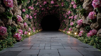 Fototapeta premium Enchanted pink flower pathway mystical floral tunnel romantic fantasy background