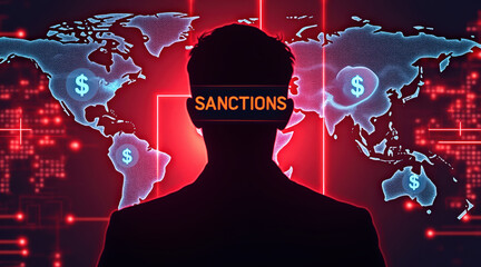 A silhouette of a person against a digital world map, highlighting global sanctions with currency symbols, creating a theme of economic impact and international relations.