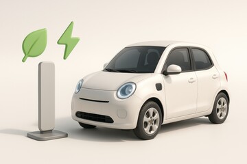 Electric Vehicle Charging: A sleek white electric car is shown charging at a modern charging station, signifying sustainable transportation and eco-consciousness.