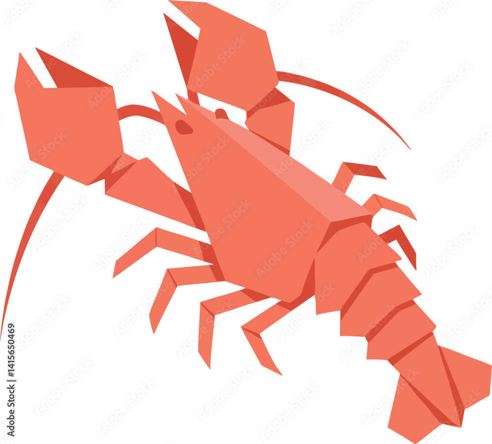 Poster red lobster crustacean with claws and segmented tail in flat minimal vector art