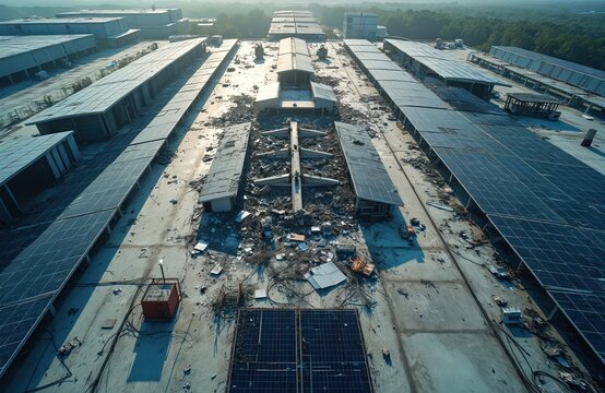Aerial view shows solar panels on industrial building roof damaged by hurricane. Photovoltaic modules destroyed by natural disaster, wind. Environmental damage, power grid issues.