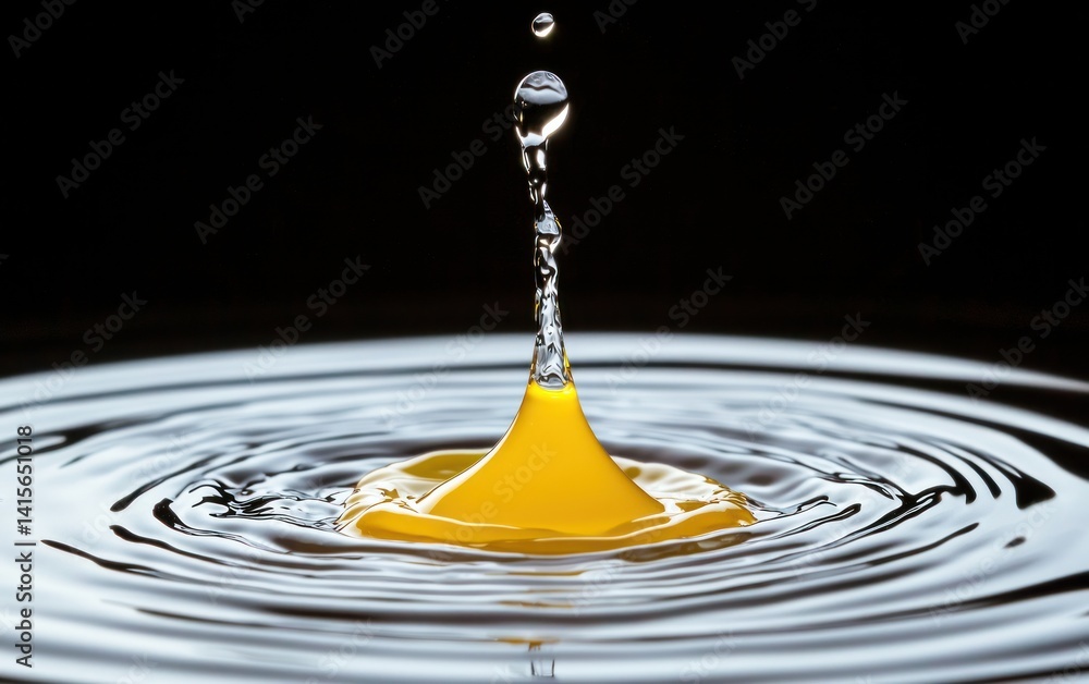 Poster yellow ink drop impacting water, creating concentric ripples on a black background. the image showca