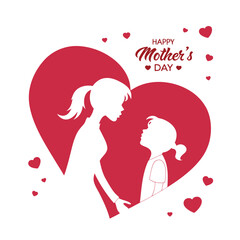 Modern Mother's Day Design White Mother and Child Silhouettes on Red Heart with Cursive Text