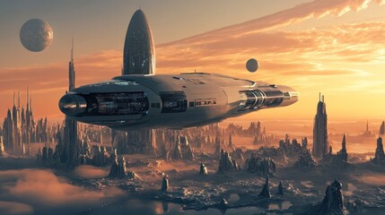 A futuristic spaceship flying above an alien planet landscape