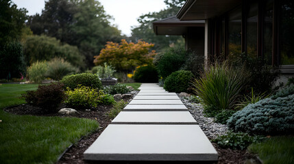 Modern Concrete Walkway Through Lush Garden