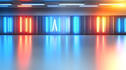 Dynamic data center environment high-tech facility digital art futuristic scene wide angle view