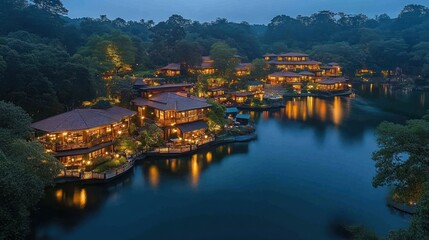 Luxurious Lakeside Resort at Twilight.  Tranquil, secluded, and elegantly designed wooden cabins and villas surround a serene lake, lit warmly at dusk, nestled within lush greenery