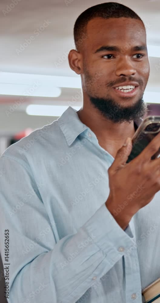 Poster black man, student and voice with phone in library for communication, audio message and chat for edu