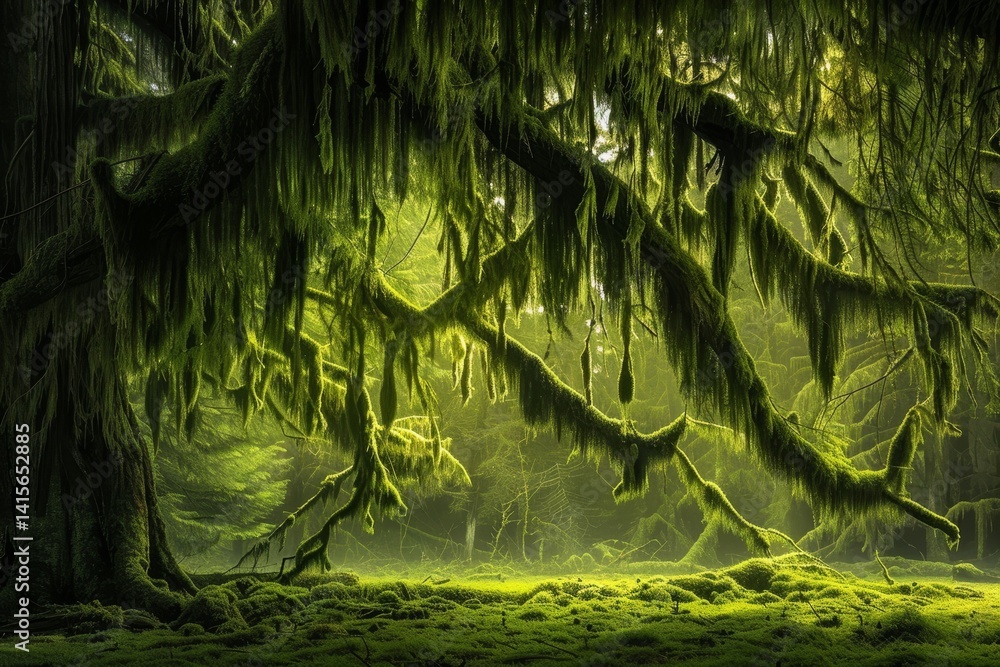Poster a lush forest scene with moss draping over tree branches, sunlight filtering through the canopy, mos