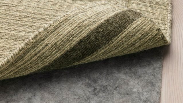 Detailed view of a textured rug unfolding partially over soft underlay in a cozy interior setting during daylight.