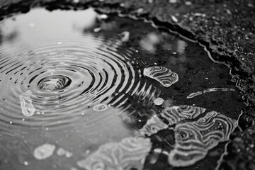A humpback whale adorned with intricate patterns created by raindrops swims gracefully through turquoise water, The intricate patterns created by raindrops falling on a still puddle