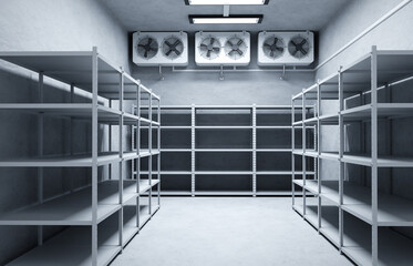Refrigeration warehouse for food. Metal shelves frozen foods