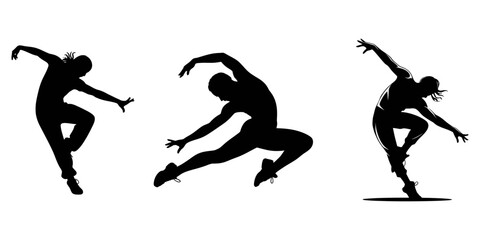 Set of break dance dancer silhouettes. Young cool girl and boy dancing street dance, hip hop. Female, male teenager icons, vector monochrome black illustrations isolated,                              