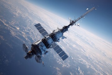 Naklejka premium Orbital Outpost: A satellite floating in the vast expanse of space, orbiting high above the Earth. A beacon of technology.