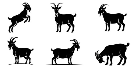 Ibex silhouette, Ibex goat silhouette, Alpine ibex silhouette, Ibex vector, Ibex Gazelle, Ibex icon set, set collection goat vector silhouette, set of different goats silhouettes isolated on white. 