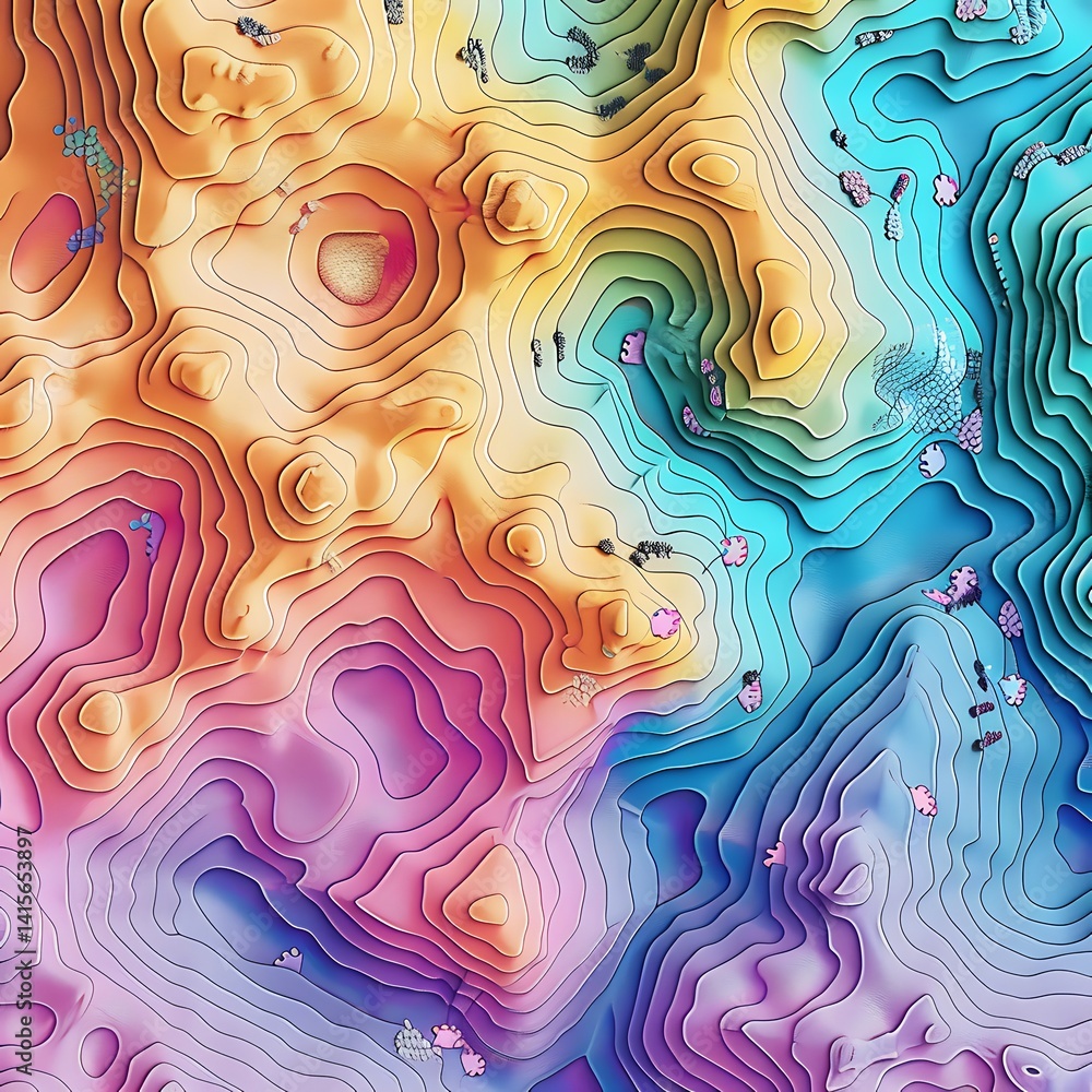 Poster abstract background displaying a colorful topographic map pattern with contour lines and elevation l