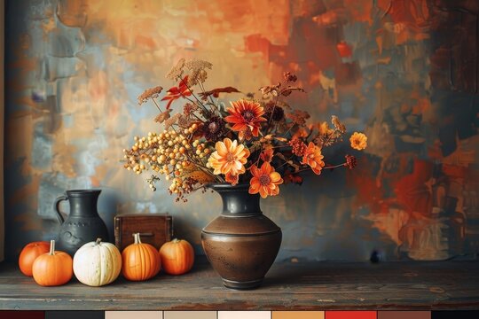 A still life featuring a vase of fall flowers, pumpkins, and a rustic jug, set against a warm, abstract background, Warm and inviting color palette