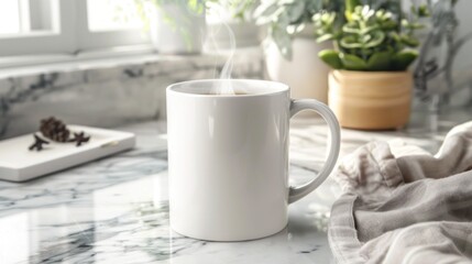 White mug with steaming beverage on marble countertop