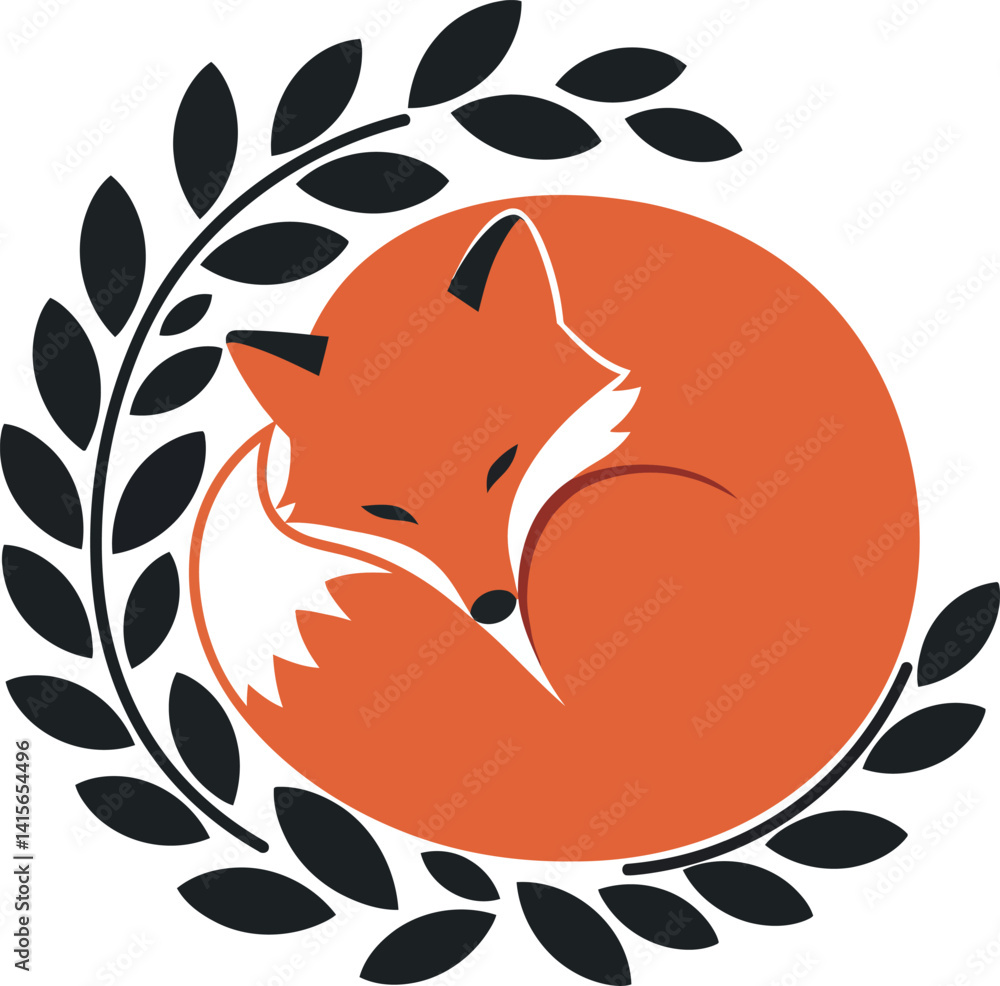 Poster sleeping red fox curled up in circular shape with black laurel wreath flat minimal vector illustrati