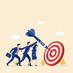 Three businesspeople in suits, one holding a briefcase, push a large dart into a red and white target, with clouds in a beige sky.
