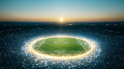Exciting soccer match stadium digital art evening aerial view futuristic concept