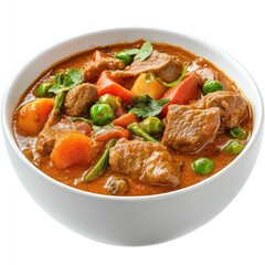 This food dish presents a hearty meal of beef stew with vegetables alongside a flavorful chicken curry served over rice