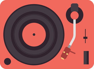Vintage record player with flat design style featuring red base and black vinyl turntable vector illustration