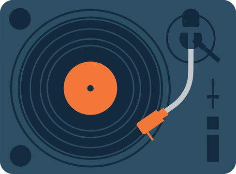 Vintage vinyl record player with tonearm and orange label flat design vector illustration