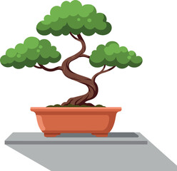Small bonsai tree with twisted trunk and lush green foliage in clay pot flat style vector illustration