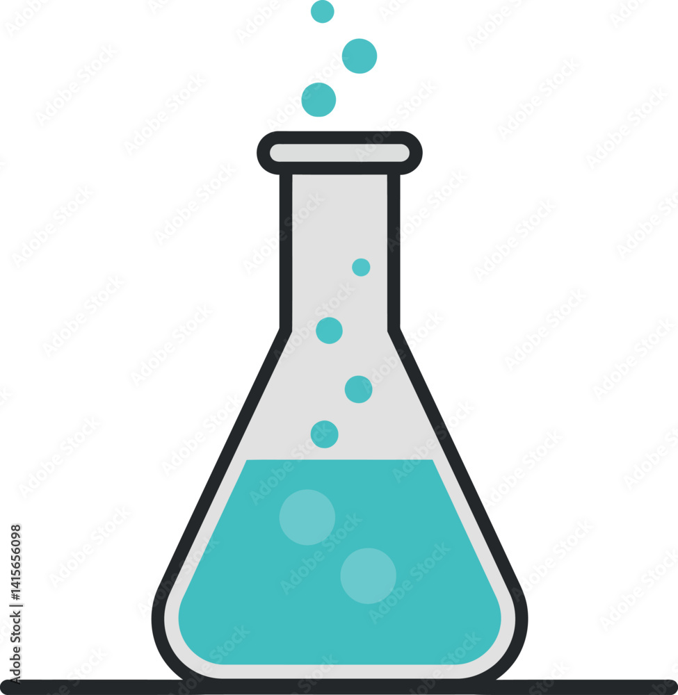 Poster laboratory flask with bubbling blue liquid in minimal flat design style vector illustration
