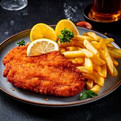 Breaded cutlet served with french fries, salad, and citrus on a plate, creating a delicious and visually appealing meal