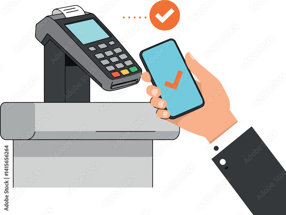 Poster hand holding smartphone with checkmark near payment terminal in flat style digital transaction vecto