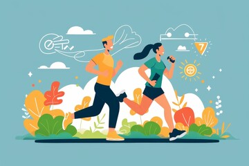 A cartoon illustration of a man and woman running outdoors, Develop a graphic highlighting the correlation between exercise and improved mental health
