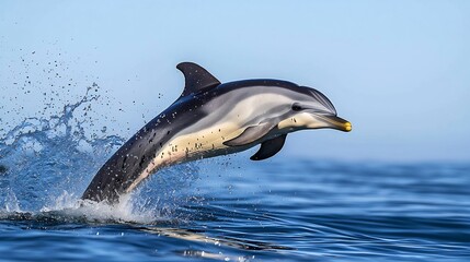 Fototapeta premium Marine mammal like a playful dolphin leaping out of the water with a joyful splash against a bright blue sky