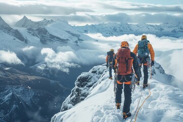 A group of climbers, roped together, strategize their next move on a snowy mountain peak, A group of climbers strategizing their route up a challenging mountain peak
