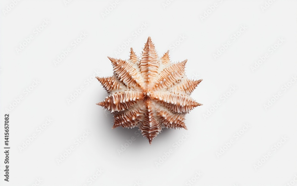 Poster levitation of a sea urchin on a solid white background. the sea urchin is light brown with a starbur