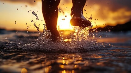 Obraz premium Child's feet splashing in shallow water at sunset