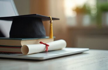 Graduation cap on books with diploma on laptop. Online education concept, university study. Student degree certification. E-learning, distance learning, education achievement, high school, master