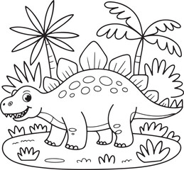 Cute Stegosaurus Coloring Page Illustration with Tropical Plants