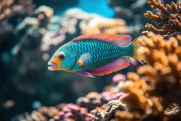 Obraz premium Vibrant parrotfish swimming gracefully among colorful coral reefs in a lively underwater scene