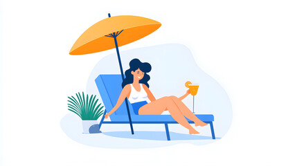 Woman relaxing on beach chair with cocktail under parasol flat vector style illustration