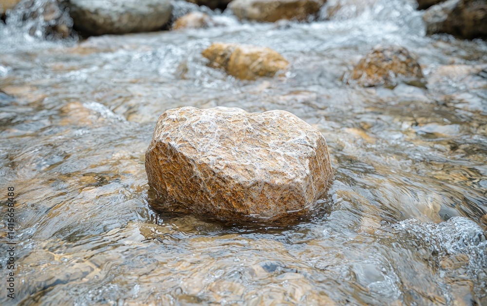 Aufkleber close-up view of a light brown, smooth rock partially submerged in a shallow, clear stream. the wate